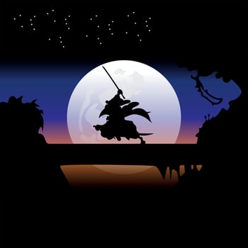 illustration vector graphic of Samurai training at night on a full moon. Perfect for wallpaper, poster, etc. Illustration vector style, Colorful view background, One Piece, Roronoa Zoro