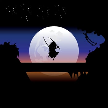 illustration vector graphic of Samurai training at night on a full moon. Perfect for wallpaper, poster, etc. Landscape wallpaper, Illustration vector style, Colorful view background, One Piece