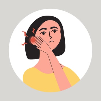Young woman suffering from earache. Female with otitis, tinnitus, vertigo or enother hearing disease. vector