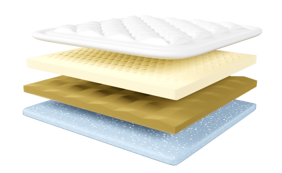 3d 4 layered sheet material mattress with fabric, soft sponge, latex, memory foam isolated. minimal abstract, 3d render illustration png