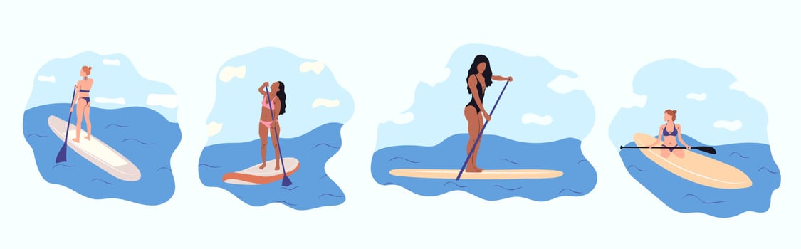 Set of four illustration Water sports. Young woman standing on sup board isolated. Surfers and others during windsurfing, kiteboarding. Flat graphic vector illustrations
