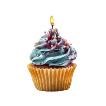 Sweet colorful birthday cupcake with candle on transparent background, created with png