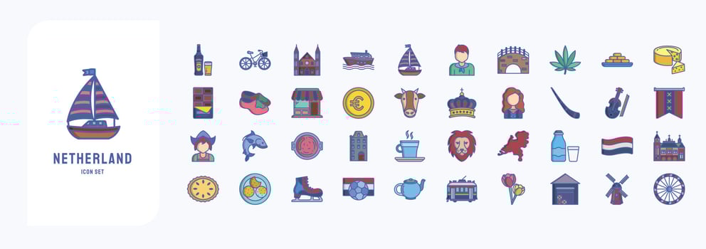 Netherland, including icons like Beer, Bicycle, Canal, Boat and more vector