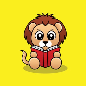 Vector cute baby lion reading book mascot illustration, cartoon, study, knowledge, yellow background