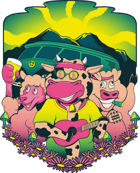 Colorful Fun Vector Illustration of Hippie Psychedelic Farm Animals on Summer Vacation