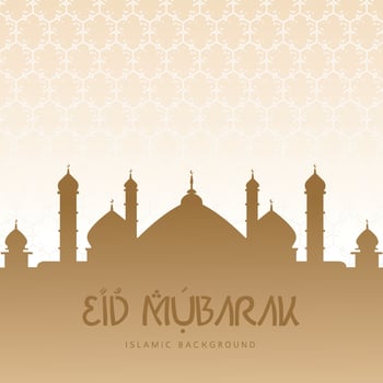 Gold eid mubarak with arabic letter and mosque background vector
