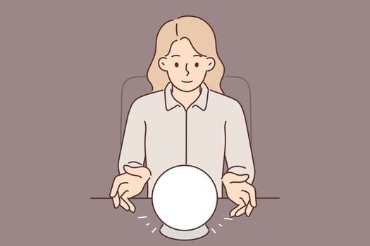 Woman uses crystal ball to predict future during seance and provide psychic services. Girl with crystal ball sits at table doing esoteric or spiritual practices to communicate with spirits vector