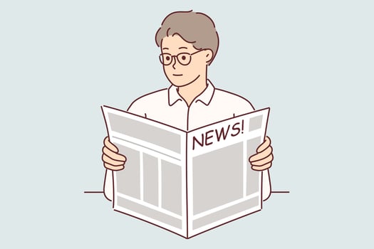 Man holds newspaper reading news about latest business events and political changes or financial articles. Businessman with newspaper studying economic news in fresh press during break vector