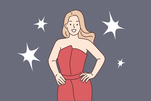 Celebrity woman poses for reporters standing in evening dress during film festival or statuette award ceremony. Girl movie star and celebrity stands on red carpet among flashes from cameras vector