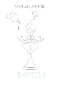 Christening of a Baby in Festive Attire Sitting in a Baptismal Font with Holy Water Pouring from a Shell onto the Head and a Dove Flying with a Cross in its Beak Doodle Vector Illustration