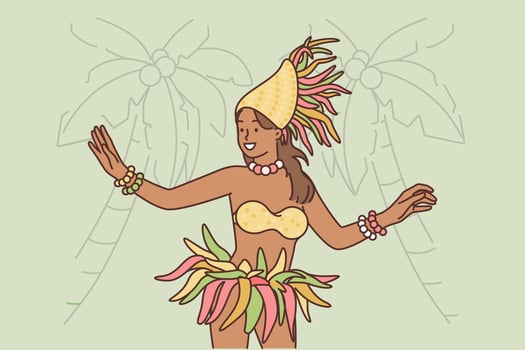 Polynesian woman performs exotic dance to entertain tourists visiting tropical island during summer vacation. Girl representative of polynesian indigenous peoples dances on beach with palm trees vector