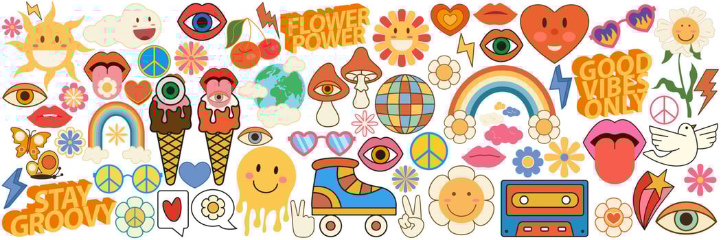 Groovy hippie 70s summer icon set. Sticker pack in trendy retro psychedelic cartoon style. Retro, vintage Vector illustration.