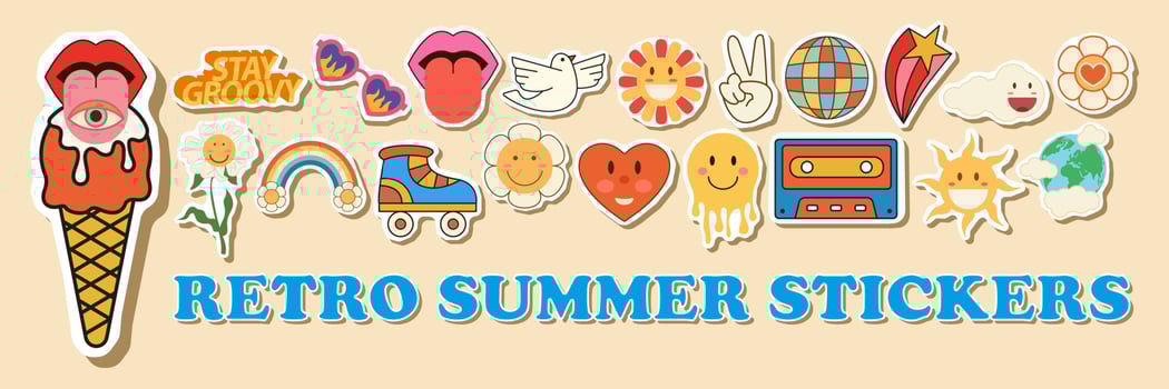 Hippie vintage sticker icons set in 70s 80s style. Summer Retro set of stickers with psychedelic elements. Groovy funky cartoon. Hippy peace sign. Vector illustration.