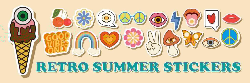 Groovy hippie 1970s summer sticker icon set. Funny happy cartoon flower, rainbow, peace, Love, heart, daisy, mushroom etc. Trendy trippy retro cartoon style. Hippie 60s, 70s style. vector