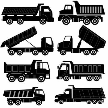 Building trucks silhouette icon set. heavy equipment, Abstract black truck icon collection isolated on white vector
