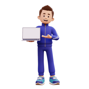3d male character holding and presenting to a laptop with empty screen png