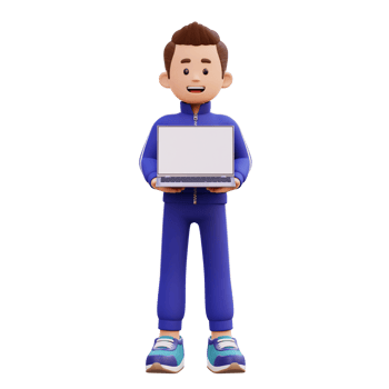 3d male character holding and presenting a laptop with empty screen png