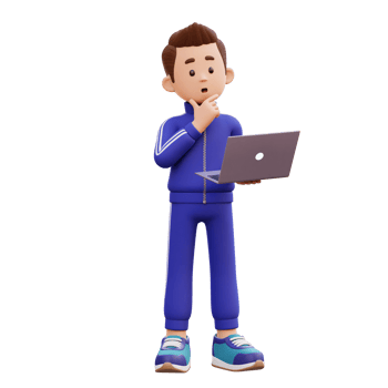 3d male character thinking and working on a laptop png