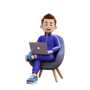 3d male character sitting on a sofa and working on a laptop png