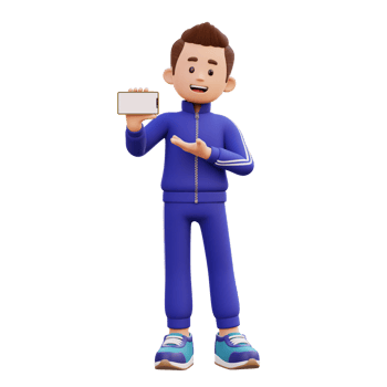 3d male character holding and presenting to a smart phone with empty screen in landscape png