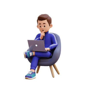 3d male character sitting on a sofa and working on a laptop with thinking pose png