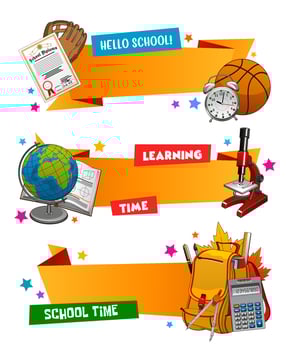 Back to school ribbon banners, education supplies vector