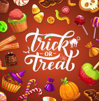 Halloween trick or treat poster with lettering vector
