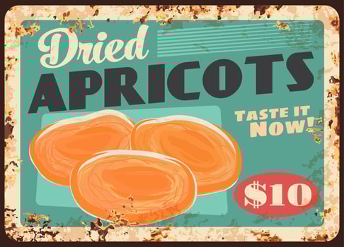 Apricots dried fruits rusty metal plate food price vector