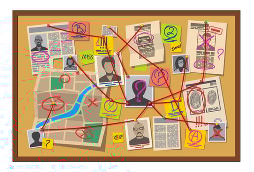 Crime board with pins, evidence detective map vector