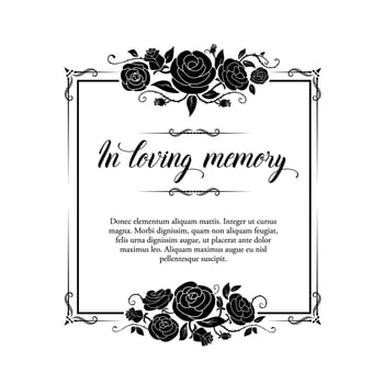 Funeral vector card, retro frame with rose flowers