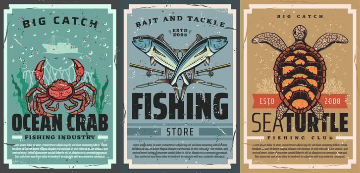 Seafood catch, fishing tackle vector retro posters