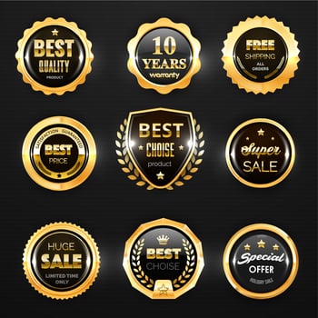 Gold badge, label and stamp seal 3d vector icons