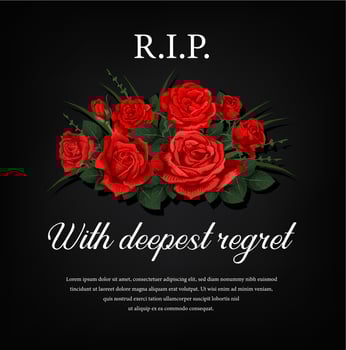 Funeral card with roses and condolence vector