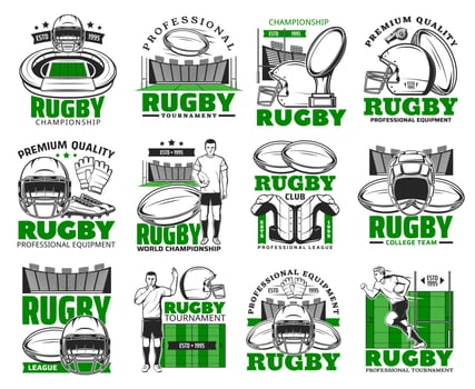 Rugby sport vector icons, american football game