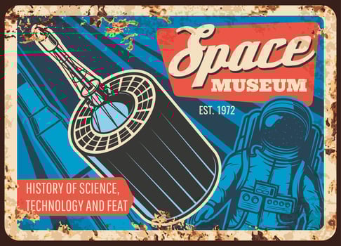 Space museum vector rusty plate with astronaut