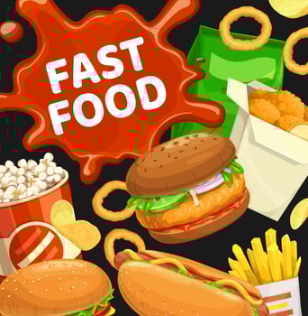 Fast food vector burgers and combo snacks poster
