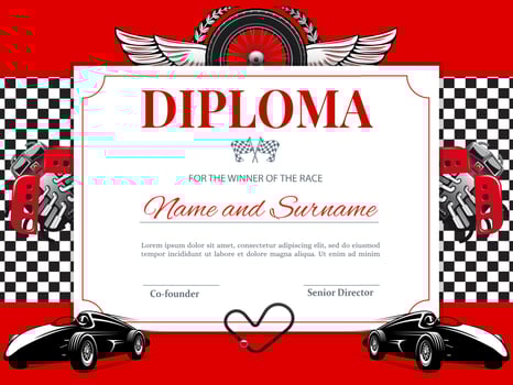 Certificate, car races and speed winner diploma vector
