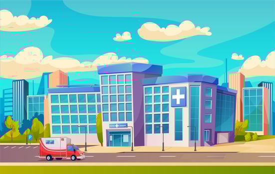 Hospital building, city medical clinic, ambulance vector