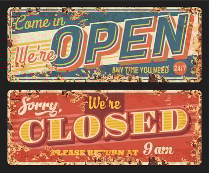 Open and closed vector rusty metal retro plates