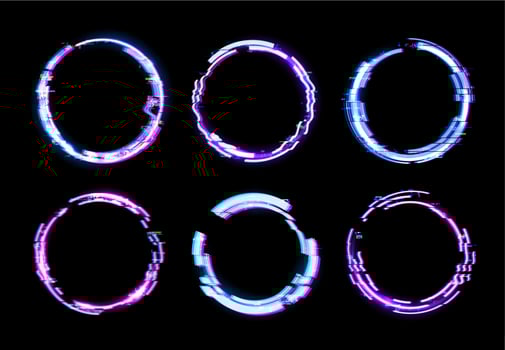 Glitch circle frames with digital noise borders vector
