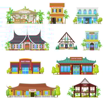 National cuisine restaurants vector buildings set