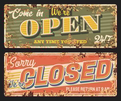 Closed and open metal plate rusty, shop door board vector