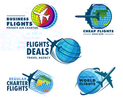 Airplane flights vector icons flight tours emblems