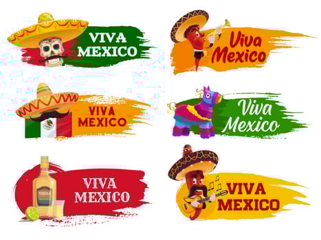 Viva Mexico icons with pepper musicians, sombreros vector