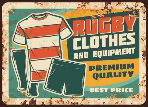 Rugby clothes, equipment rusty metal vector plate