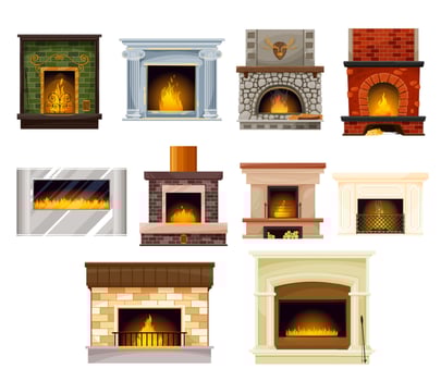Home fireplaces with fire set, interior design vector