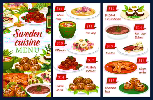 Sweden meals vector menu template, Swedish cuisine