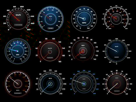 Speedometers, speed indicators, vector dashboard