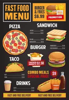 Fast food menu vector template, takeaway dishes