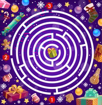 Kids game labyrinth, Christmas maze with gifts vector